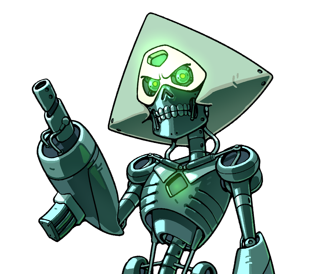discount-supervillain, peridot (steven universe), t-800, steven universe, terminator (series), glowing, glowing eyes, mechanical hair, mechanization, robot, short hair, simple background, teeth, transparent background, upper body, white background