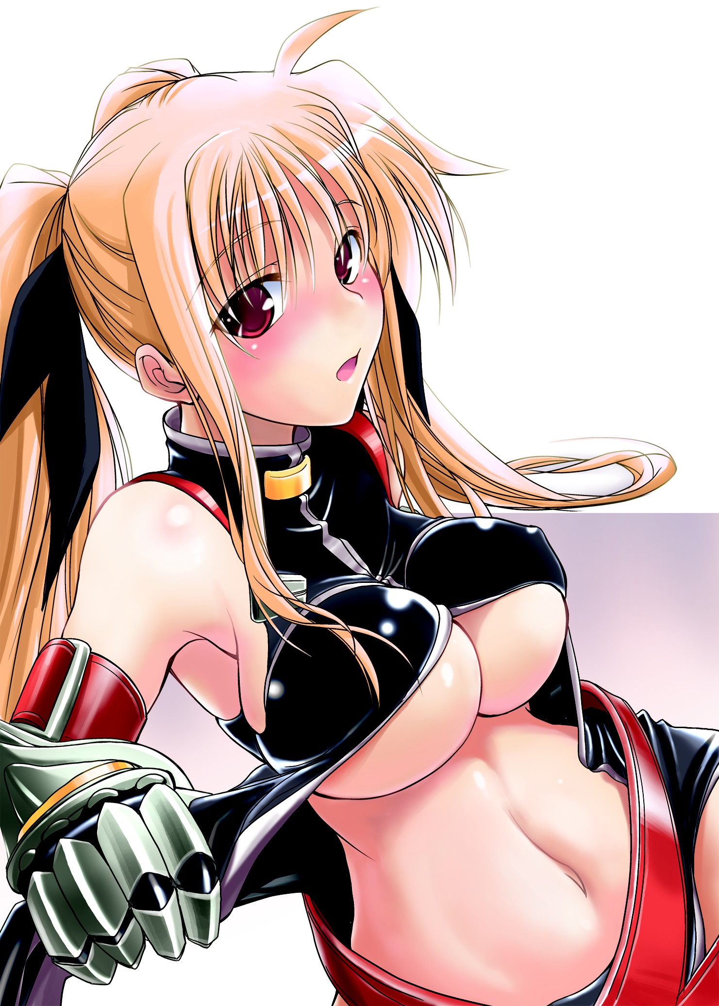 soba (saz), fate testarossa, fate testarossa (true sonic form), lyrical nanoha, mahou shoujo lyrical nanoha, mahou shoujo lyrical nanoha strikers, highres, non-web source, 00s, 1girl, blonde hair, breasts, female focus, large breasts, long hair, midriff, red eyes, solo, twintails, underboob, undressing