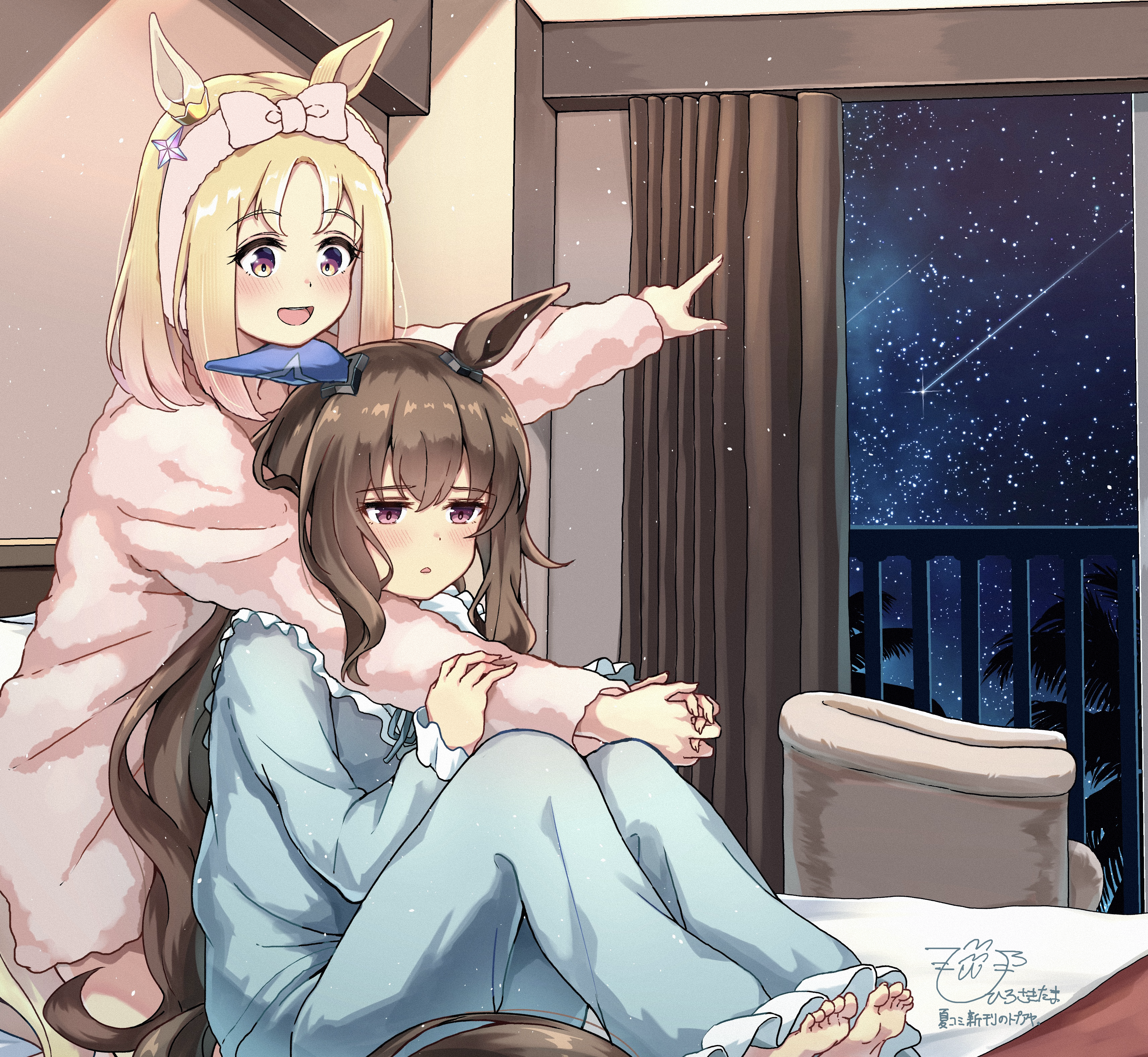 hiro5000 tama, admire vega (umamusume), narita top road (umamusume), comiket 106, umamusume, absurdres, highres, 2girls, alternate costume, animal ears, balcony, bed, blonde hair, blue pajamas, blush, bow, bow headband, breasts, brown hair, chair, curtains, ear covers, ear ornament, earrings, gradient eyes, hair between eyes, headband, horse ears, horse girl, horse tail, indoors, jewelry, long hair, long sleeves, medium hair, multicolored eyes, multiple girls, night, night sky, open mouth, pajamas, pink bow, pink headband, pink pajamas, purple eyes, shooting star, single ear cover, single earring, sky, sliding doors, smile, star (sky), star (symbol), tail, yuri