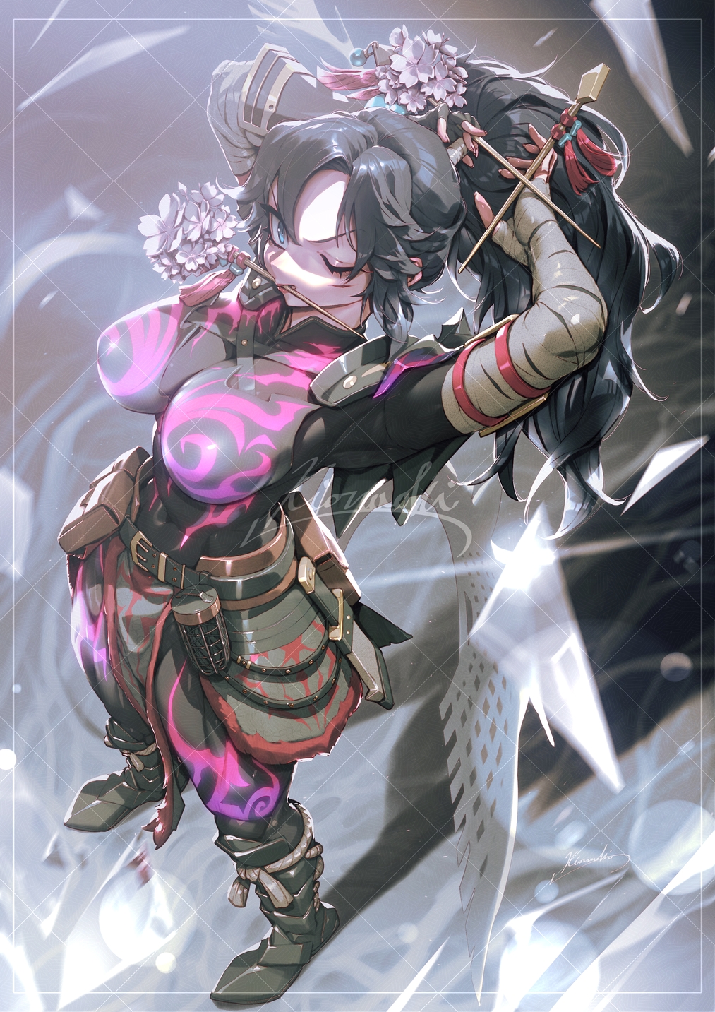 kionaoki, monster hunter (character), monster hunter (series), adversarial noise, commentary request, highres, 1girl, annoyed, armor, bag, bandaged arm, bandages, belt, black belt, black bodysuit, black boots, black hair, blue eyes, bodysuit, boots, breasts, cherry blossoms, cleavage, collared bodysuit, covered armpit, faulds, flower, from above, full body, gauntlets, hair ornament, hair stick, holding, holding hair ornament, holding stick, knife, knife sheath, large breasts, long hair, looking at viewer, ninja, one eye closed, pink flower, pink nails, ponytail, purple bodysuit, red lips, satchel, scarf, sheath, shoulder armor, solo, stick, tassel, two-tone bodysuit, white scarf