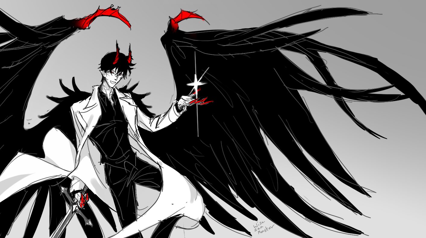 wiseseamonster, kim dokja, omniscient reader's viewpoint, 1boy, :d, black hair, black shirt, black wings, coat, colored veins, demon horns, feathered wings, fingernails, grin, holding, holding sword, holding weapon, horns, knee up, limited palette, long fingernails, looking at viewer, male focus, official alternate costume, open mouth, outstretched hand, popped collar, red nails, shirt, short hair, smile, solo, sparkle, sword, weapon, white coat, wings