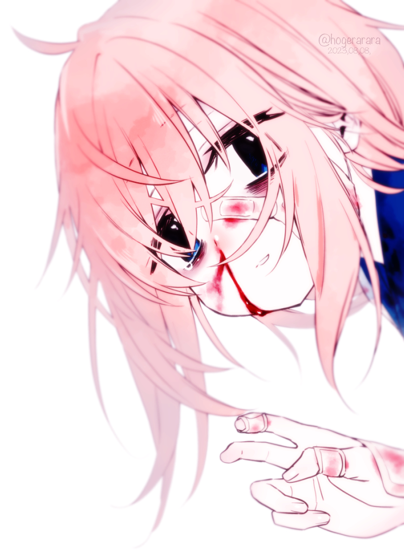 hogerarara, michinoku komaro, seitokai ni mo ana wa aru!, 1girl, artist name, bags under eyes, bandaid, bandaid on face, bandaid on finger, bandaid on hand, blood, blue eyes, dated, looking at viewer, nosebleed, parted lips, pink hair, simple background, solo, twitter username, white background