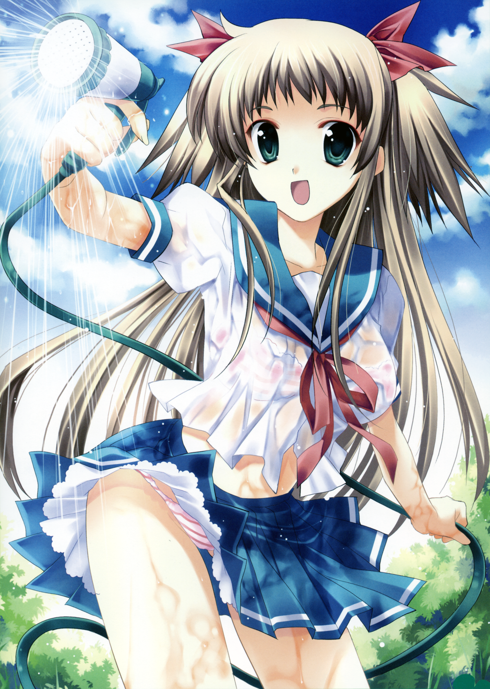 absurdres, highres, non-web source, scan, brown hair, green eyes, hair ribbon, lingerie, long hair, midriff, panties, ribbon, school uniform, see-through clothes, serafuku, solo, striped clothes, striped panties, underwear, water
