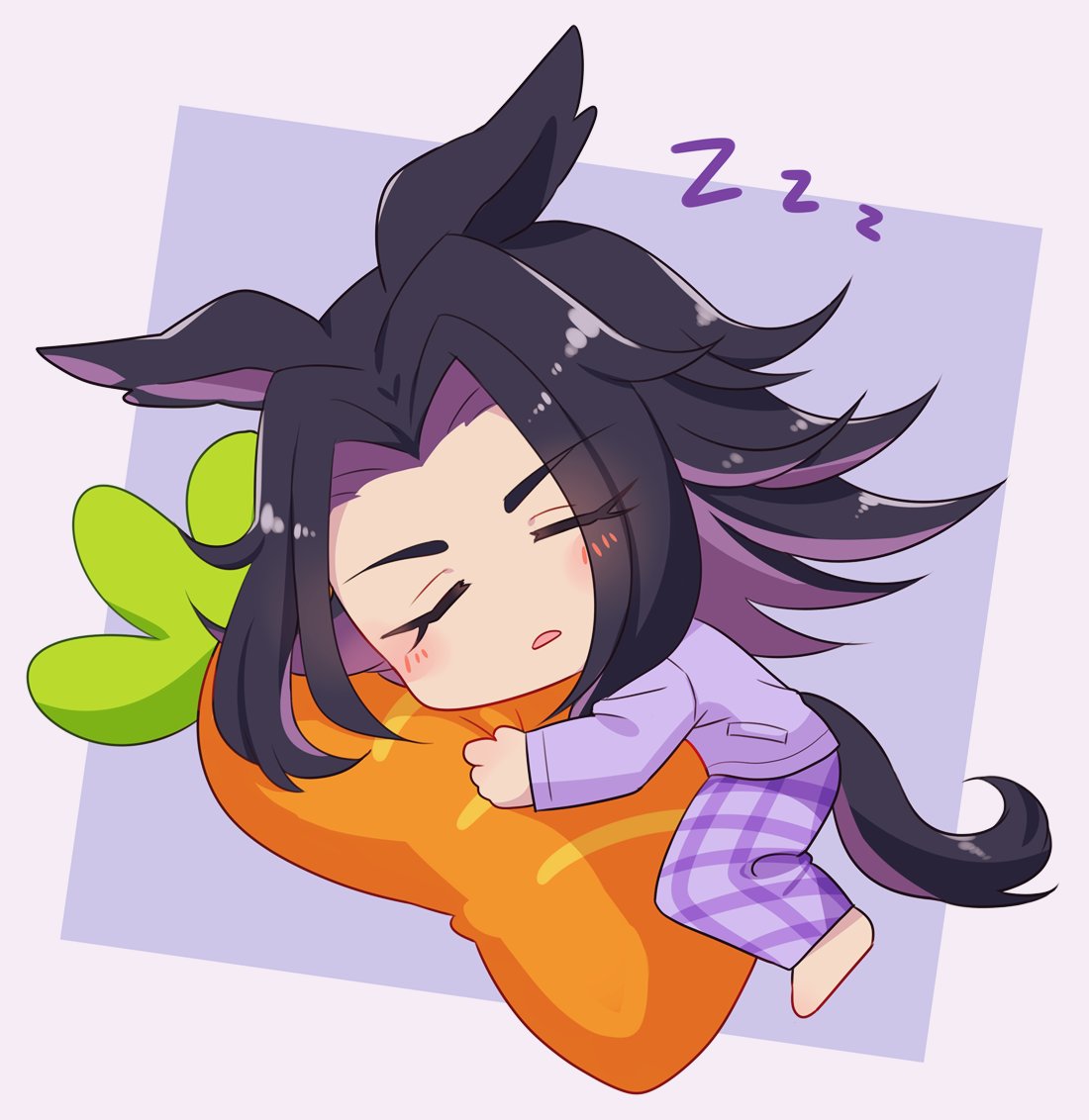 fenomeno (umamusume), umamusume, 1girl, animal ears, black hair, blush, carrot, closed eyes, holding, horse ears, horse girl, horse tail, long hair, long sleeves, multicolored hair, open mouth, pajamas, pants, purple hair, purple pajamas, sa 420, shirt, simple background, sleeping, solo, stuffed toy, tail