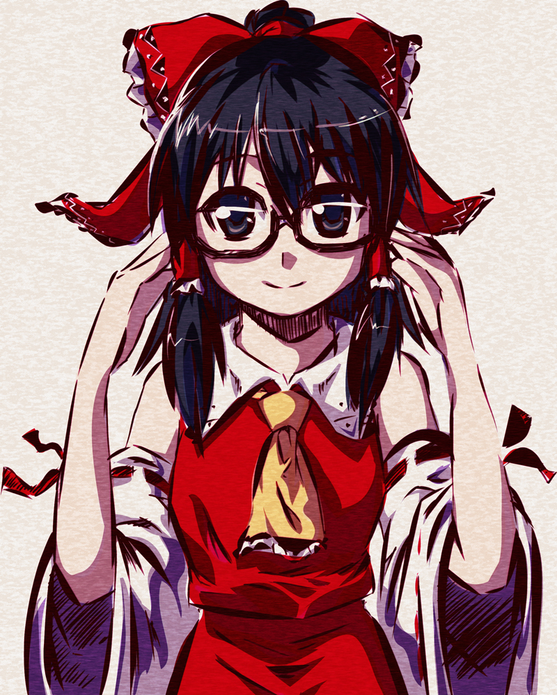 cpu (hexivision), hakurei reimu, touhou, bad id, bad pixiv id, 1girl, bespectacled, female focus, glasses, japanese clothes, miko, ribbon, simple background, skirt, solo
