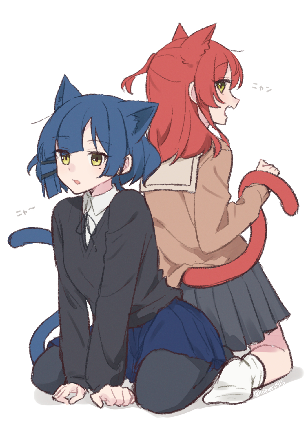 uimaru918, kita ikuyo, yamada ryo, bocchi the rock!, highres, 2girls, animal ear fluff, animal ears, black leggings, black shirt, blue hair, blue skirt, brown shirt, cat, cat ears, cat girl, cat tail, fang, green eyes, grey skirt, leggings, long hair, multiple girls, red hair, school uniform, shimokitazawa high school uniform, shirt, short hair, skirt, socks, tail, white socks, yellow eyes