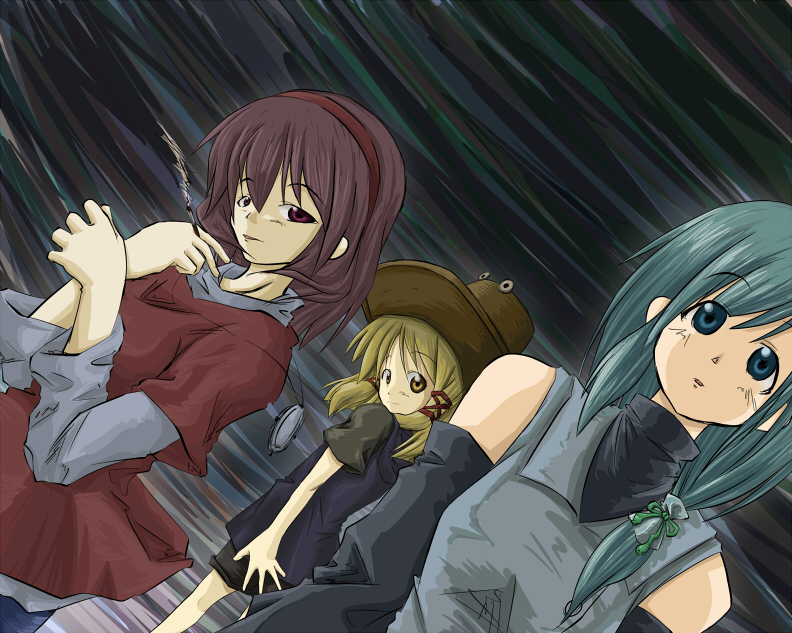inu wi, kochiya sanae, moriya suwako, yasaka kanako, touhou, 3girls, blonde hair, dress, female focus, green hair, hat, japanese clothes, long hair, miko, multiple girls, ribbon