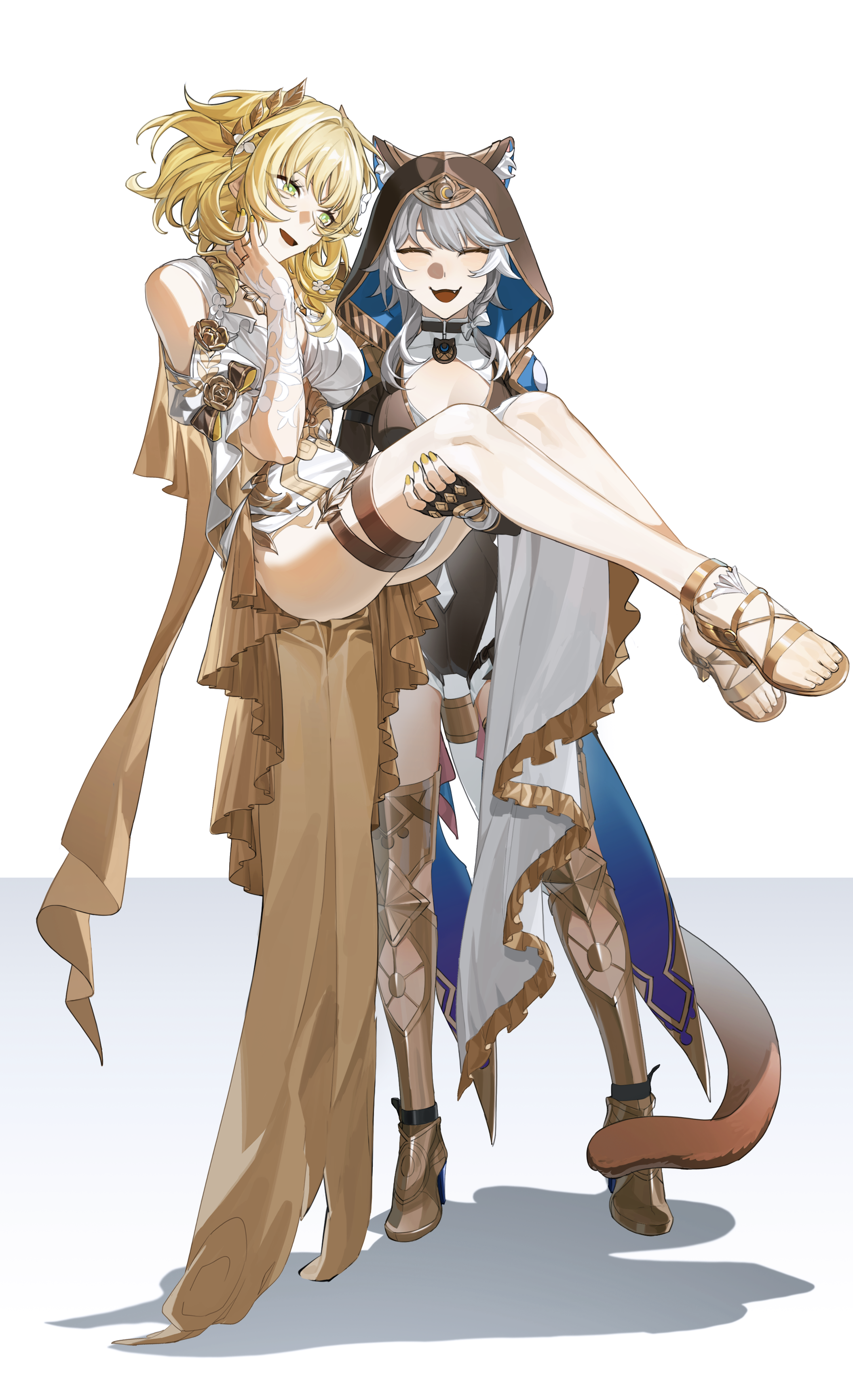 mobiling, aglaea (honkai: star rail), cipher (honkai: star rail), honkai: star rail, honkai (series), absurdres, highres, 2girls, ancient greek clothes, animal ear fluff, animal ears, animal hood, black gloves, blonde hair, breasts, carrying, carrying person, cat ears, cat girl, cat tail, dress, fingerless gloves, flower, gloves, greco-roman clothes, green eyes, grey hair, hair ornament, hood, laurel crown, multiple girls, open mouth, princess carry, short hair, smile, tail, white background, white dress