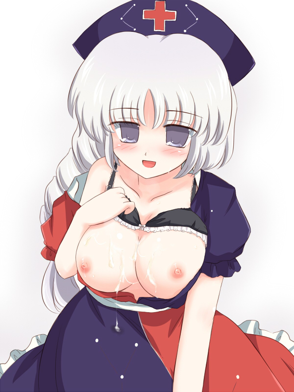 ry (yagoyago), yagokoro eirin, touhou, 1girl, :d, arm support, blank stare, blush, bra, bra lift, braid, breast suppress, breasts, breasts out, collarbone, cum, cum on body, cum on breasts, cum on upper body, dress, female focus, grey eyes, hat, huge breasts, jitome, large breasts, lingerie, long hair, looking at viewer, nipples, open mouth, simple background, single braid, sitting, smile, solo, straight hair, underwear, white background, white hair