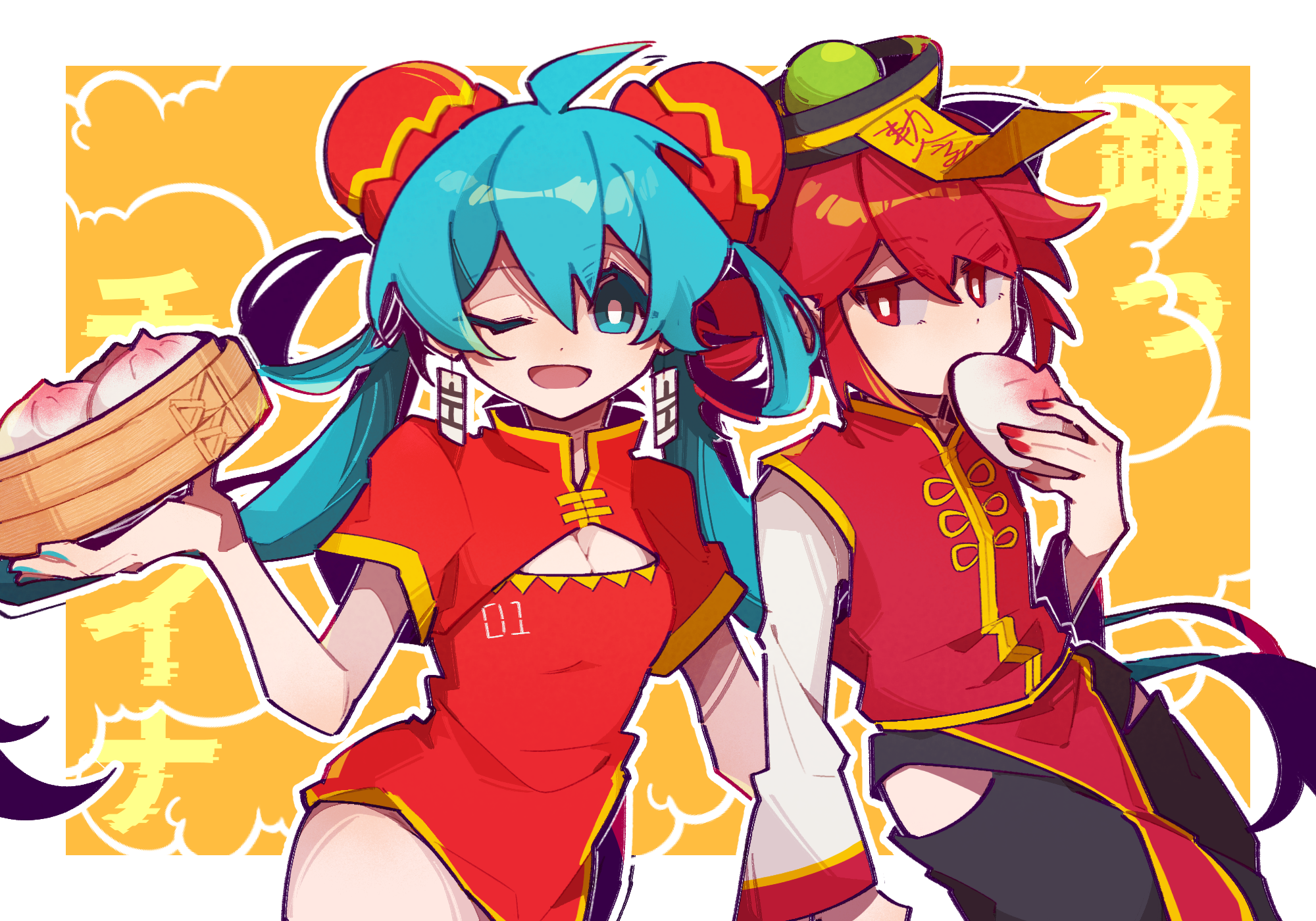 jiu (jiu076), hatsune miku, kasane teto, kasane teto (sv), synthesizer v, vocaloid, highres, 2girls, ahoge, aqua eyes, aqua hair, aqua nails, bamboo steamer, black pants, breasts, bright pupils, bun cover, china dress, chinese clothes, cleavage, double bun, dress, drill hair, earrings, food, hair bun, hair rings, hat, holding, holding food, holding hands, jewelry, long hair, looking at viewer, multiple girls, odochina (vocaloid), ofuda, one eye closed, open mouth, pants, qingdai guanmao, red dress, red nails, red vest, shirt, short hair, shrug (clothing), small breasts, steamed bun, tassel, tassel earrings, twin drills, vest, white pupils, white shirt