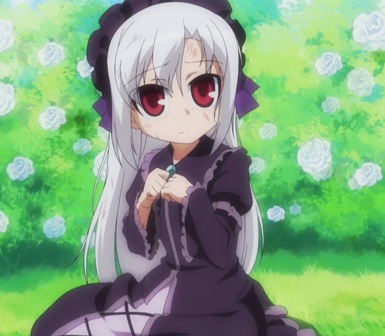 midarezaki chika, kyouran kazoku nikki, anime screenshot, stitched, third-party edit, 00s, 1girl, albino, bonnet, dress, female focus, flower, frilled dress, frills, gothic lolita, lolita fashion, long hair, red eyes, rose, solo, white flower, white hair, white rose