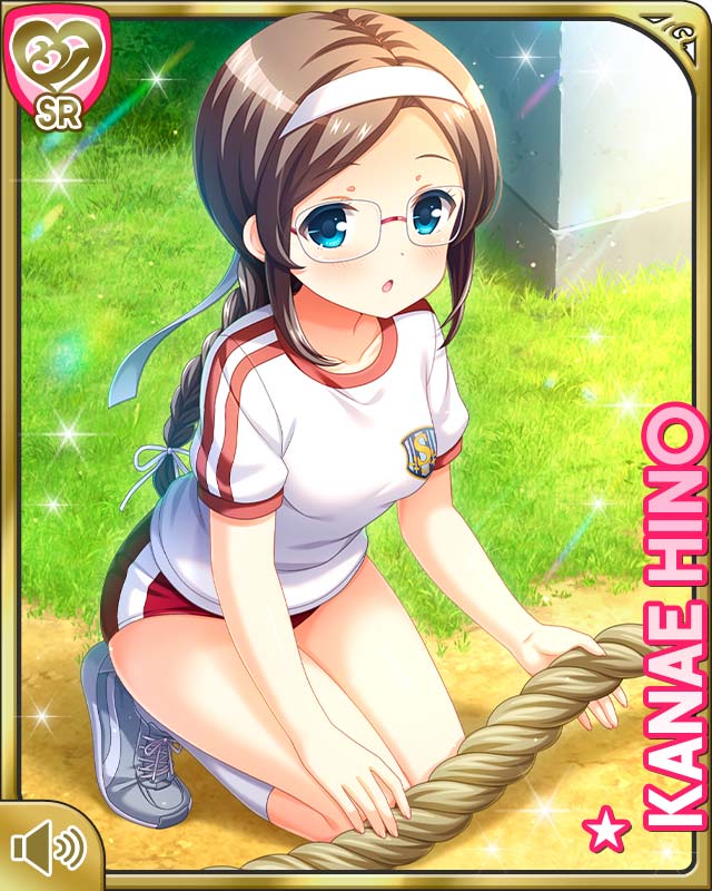qp:flapper, hino kanae, girlfriend (kari), official art, 1girl, :o, bare arms, bare legs, blue eyes, brown hair, buruma, card (medium), character name, day, headband, kneeling, open mouth, outdoors, red buruma, shirt, white headband, white shirt