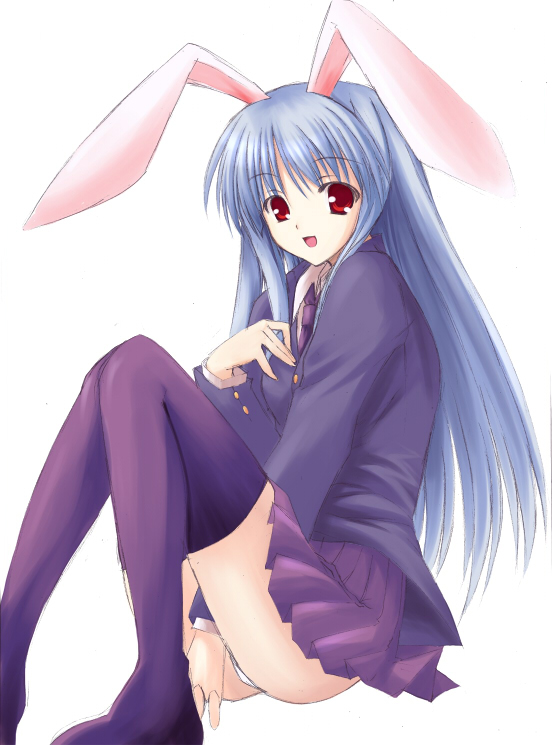 utakata (kochou no yume), reisen udongein inaba, touhou, light purple hair, bad id, bad pixiv id, 1girl, animal ears, blazer, blue hair, female focus, hand on own chest, jacket, long hair, open mouth, panties, pantyshot, pleated skirt, rabbit ears, red eyes, sitting, skirt, smile, solo, thighhighs, underwear, upskirt