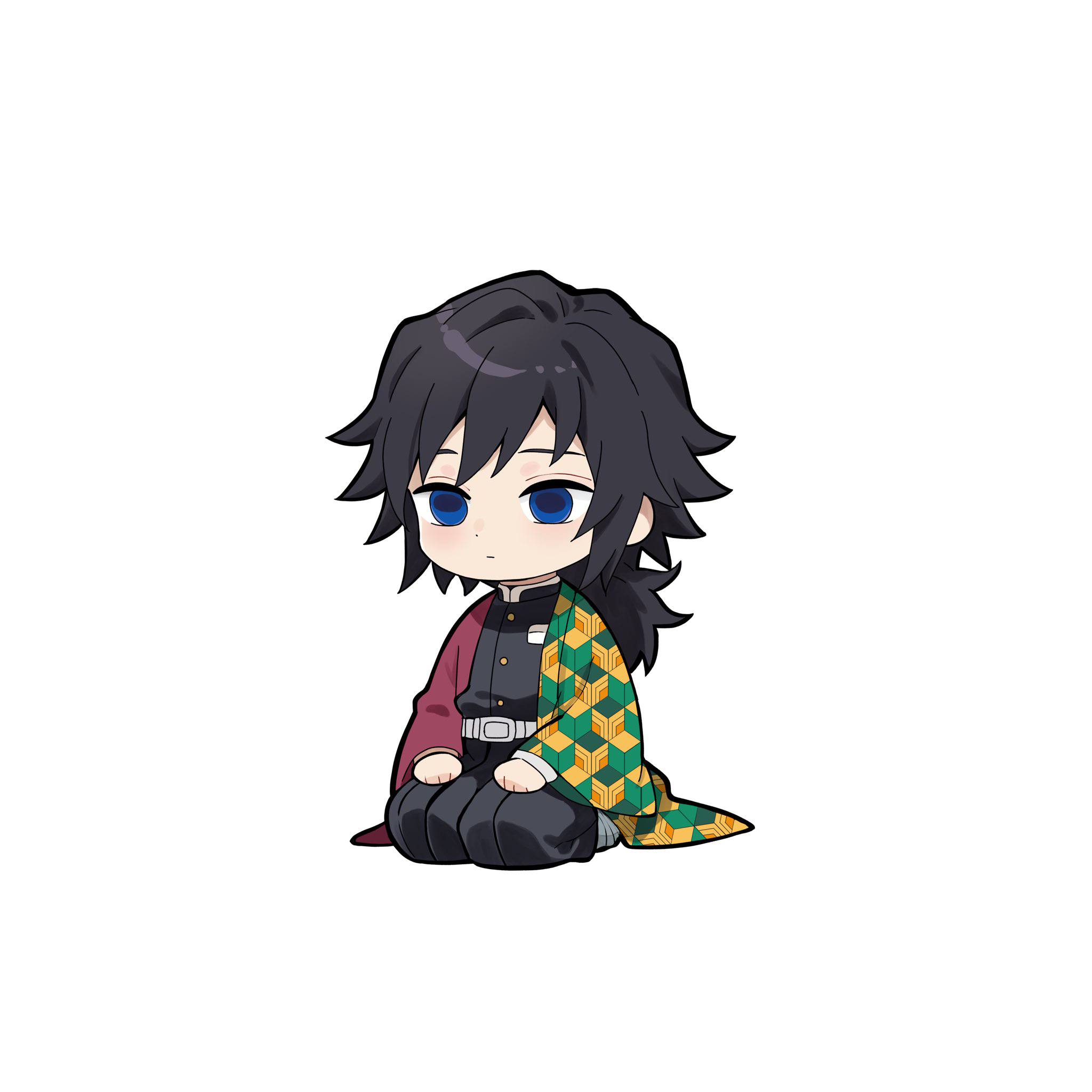 n 54, tomioka giyuu, kimetsu no yaiba, highres, 1boy, belt, black hair, black jacket, black pants, blue eyes, buttons, chibi, closed mouth, demon slayer uniform, empty eyes, gold buttons, haori, jacket, japanese clothes, kikkoumon, low ponytail, male focus, pants, ponytail, print haori, red haori, simple background, solo, spiked hair, white background, white belt