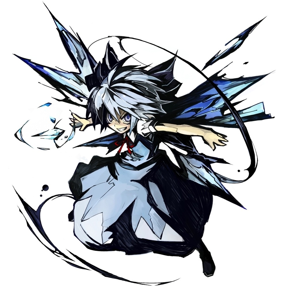 banpai akira, cirno, phantasmagoria of flower view, touhou, bad id, bad pixiv id, metadata reference, 1girl, blue hair, circled 9, crystal, female focus, ice, ribbon, short hair, solo, wings