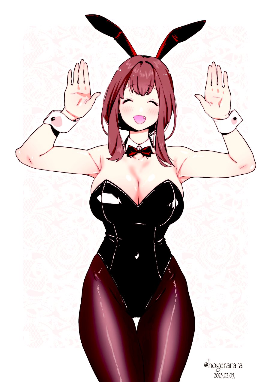 hogerarara, kotobuki mayuki, seitokai ni mo ana wa aru!, commentary request, highres, 1girl, animal ear hairband, animal ears, artist name, bare shoulders, black leotard, bow, bowtie, breasts, brown hair, brown pantyhose, cleavage, closed mouth, covered navel, cowboy shot, dated, detached sleeves, facing viewer, fake animal ears, fang, hairband, hands up, large breasts, leotard, open mouth, pantyhose, rabbit ear hairband, rabbit ears, rabbit pose, red bow, red bowtie, sidelocks, smile, solo, strapless, strapless leotard, twitter username, white background, white wrist cuffs, wrist cuffs
