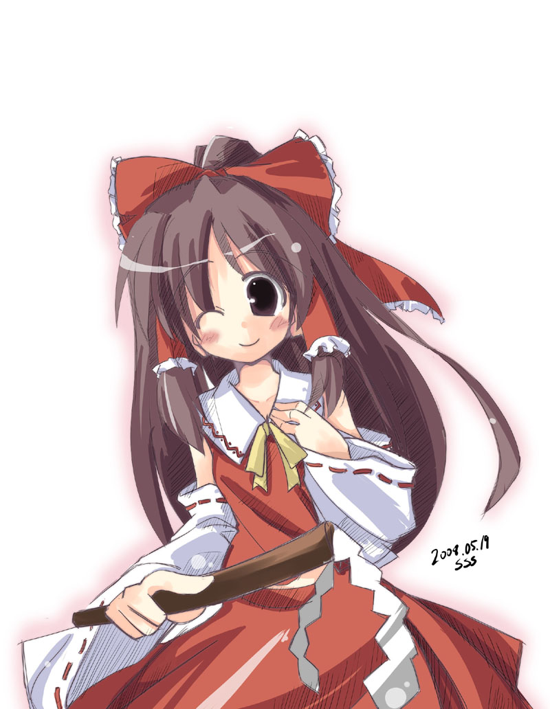 shirowassan, hakurei reimu, touhou, bad id, bad pixiv id, 1girl, female focus, gohei, japanese clothes, long hair, miko, ribbon, solo