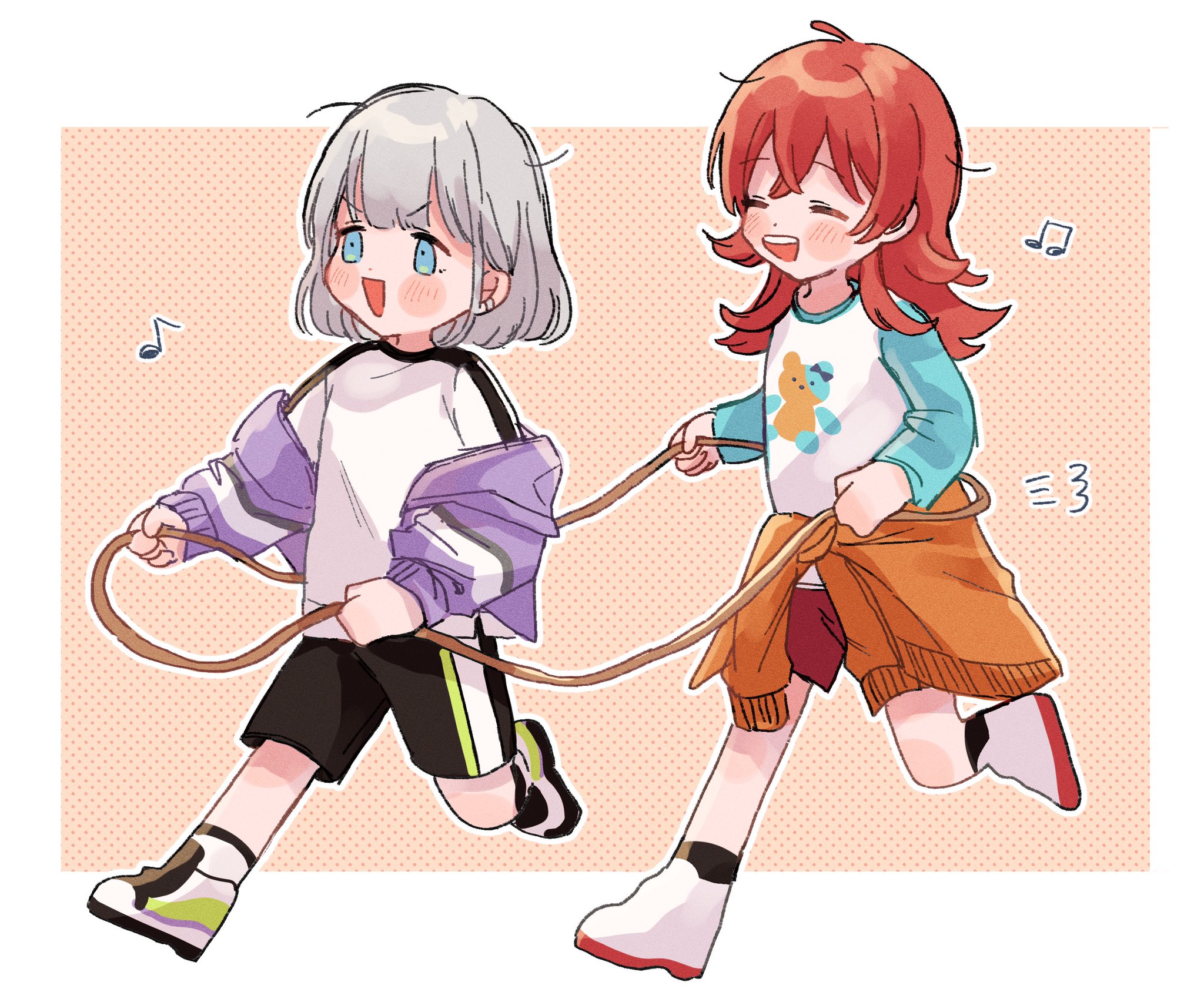 wadachi, komiya kaho, serizawa asahi, idolmaster, idolmaster shiny colors, commentary, highres, symbol-only commentary, 2girls, :d, ahoge, animal print, beamed eighth notes, bear print, black shoes, black shorts, blue eyes, blush, border, cardigan, cardigan around waist, closed eyes, clothes around waist, crossed bangs, dot nose, eighth note, flipped hair, from side, full body, grey hair, holding, holding rope, jacket, jacket partially removed, long hair, long sleeves, looking ahead, multicolored shoes, multiple girls, musical note, open mouth, orange cardigan, outside border, polka dot, polka dot background, print shirt, puff of air, purple jacket, raglan sleeves, red hair, red shorts, rope, running, shirt, shoes, short hair, shorts, smile, white border, white shirt, white shoes, yellow background