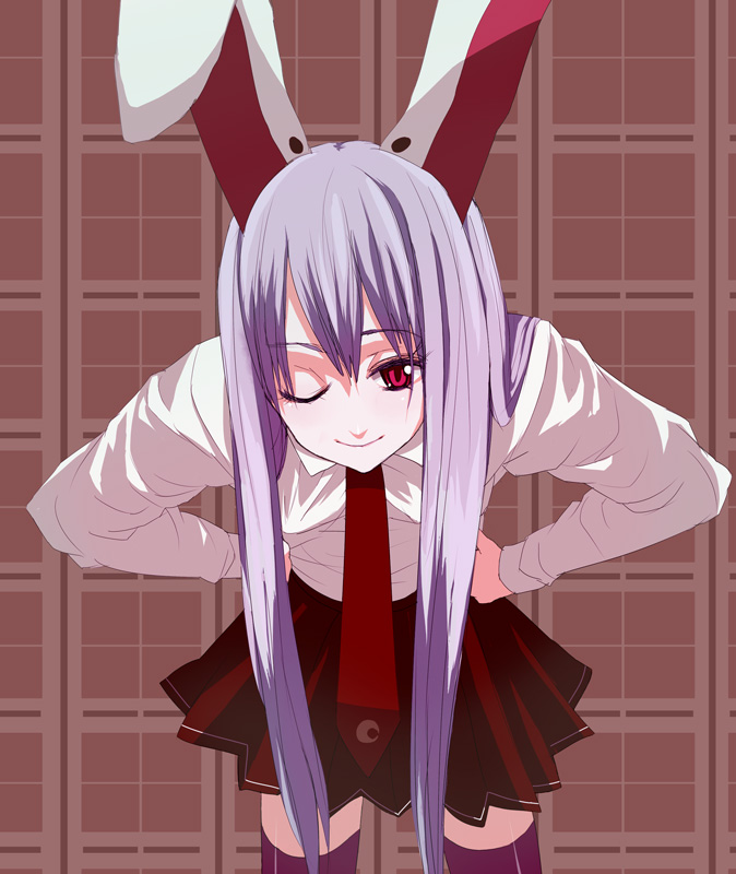 tank (artist), reisen udongein inaba, touhou, bad id, bad pixiv id, 1girl, animal ears, bent over, female focus, long hair, necktie, one eye closed, purple hair, rabbit ears, red eyes, red necktie, shirt, skirt, solo, wink