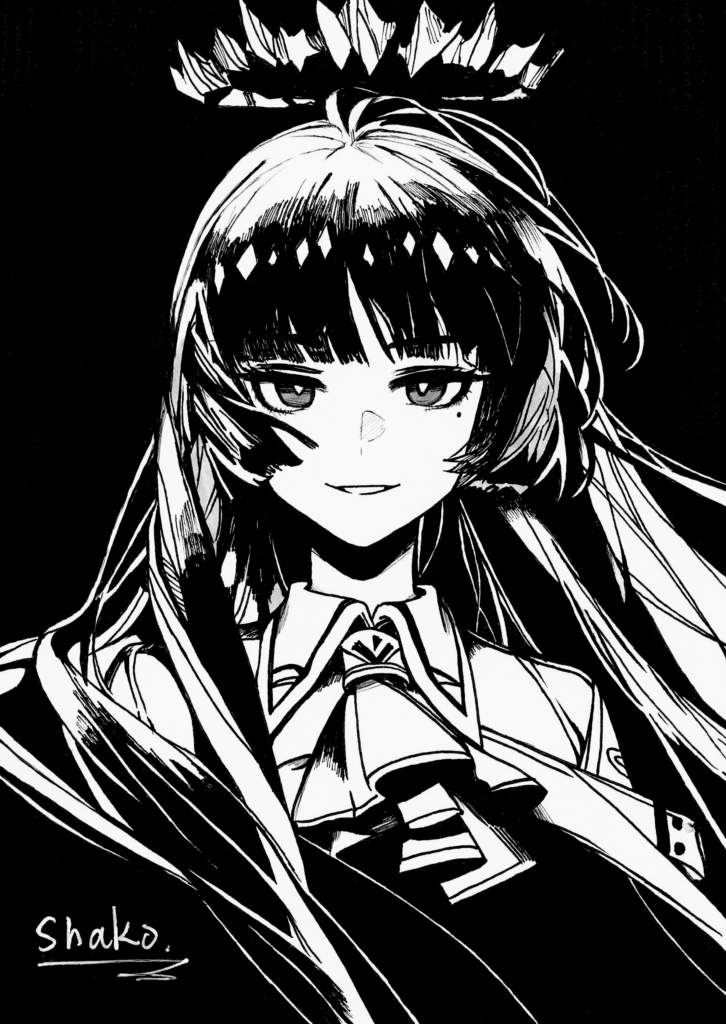 shako xc, virtuosa (arknights), arknights, absurdres, chinese commentary, commentary, highres, 1girl, artist name, ascot, black background, blunt bangs, collared shirt, greyscale, halo, long hair, looking at viewer, mole, mole under eye, monochrome, portrait, shirt, signature, simple background, smile, solo