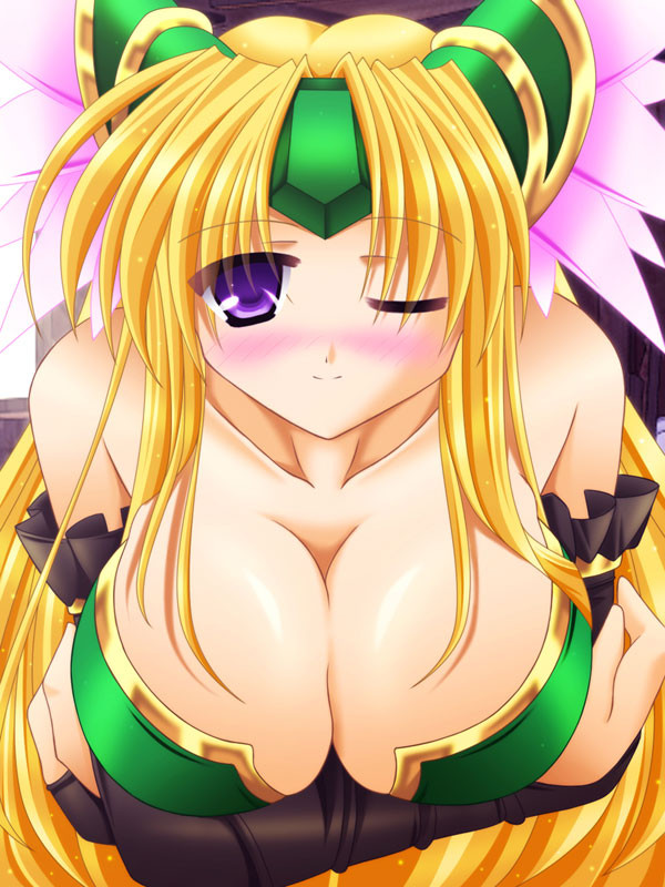 riesz, seiken densetsu, seiken densetsu 3, 1girl, blonde hair, blush, breasts, breasts squeezed together, cleavage, female focus, huge breasts, long hair, one eye closed, purple eyes, solo, wink