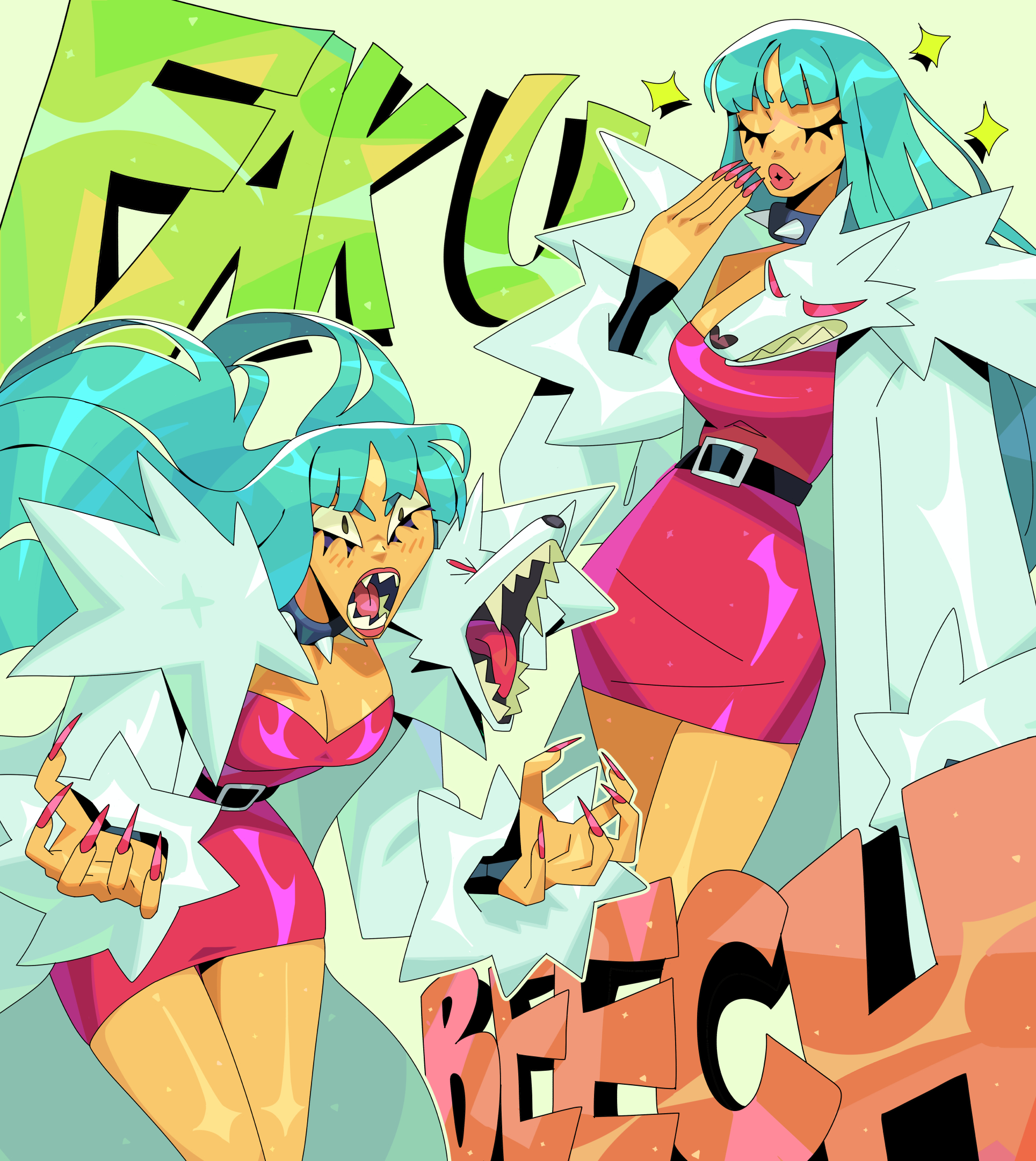 caranvolo, punch punch forever!, highres, 1girl, aqua hair, black choker, blush, breasts, choker, cleavage, closed eyes, coat, colored skin, dress, english text, engrish text, fingernails, full body, fur coat, large breasts, living clothes, long hair, looking at viewer, mika (punch punch forever!), open hands, open mouth, profanity, ranguage, sharp fingernails, sharp teeth, simple background, solo, spiked choker, spikes, teeth, white background, white coat, yellow skin