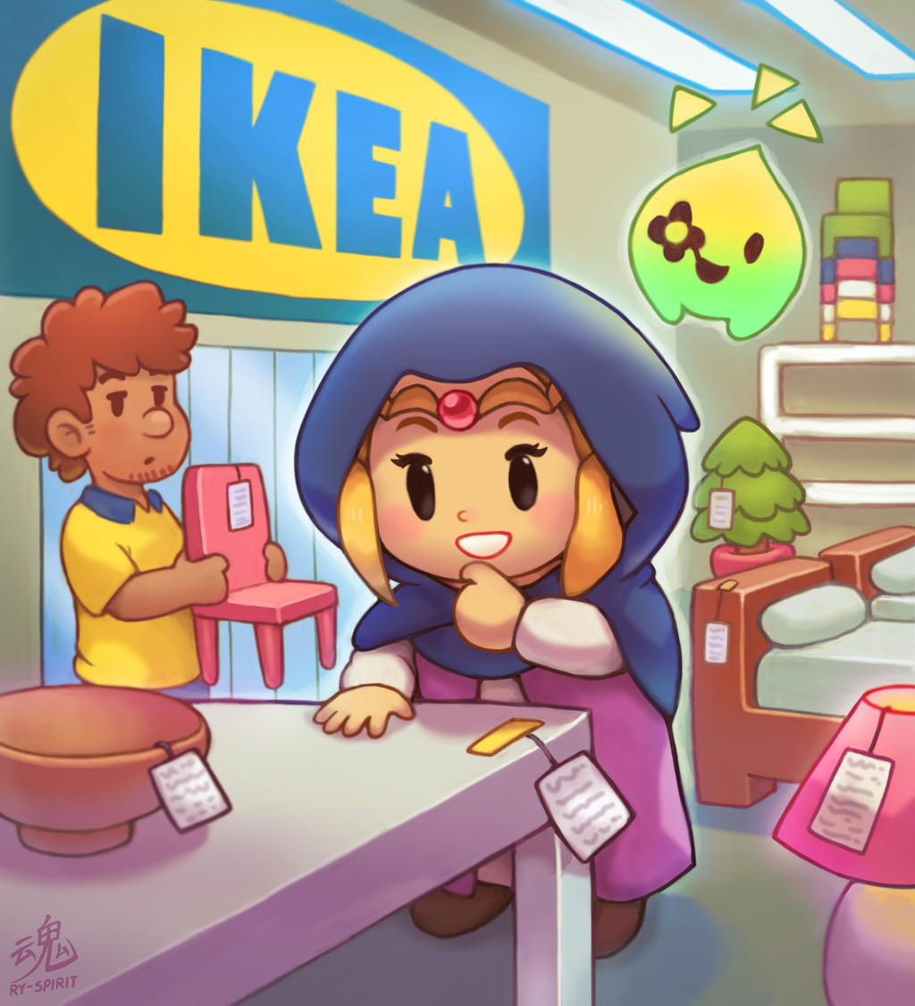ry-spirit, princess zelda, tri (zelda), ikea, nintendo, the legend of zelda, the legend of zelda: echoes of wisdom, commentary, english commentary, 1boy, 1girl, :d, artist name, bed, blonde hair, blue cloak, bowl, brown hair, brown shoes, chair, chibi, cloak, collared shirt, dark-skinned male, dark skin, eyelashes, facial hair, floating, grin, holding chair, hood, hood up, hooded cloak, indoors, lamp, long sleeves, one eye closed, open mouth, plant, potted plant, price tag, shelf, shirt, shoes, shopping, short hair, smile, standing, table, yellow shirt