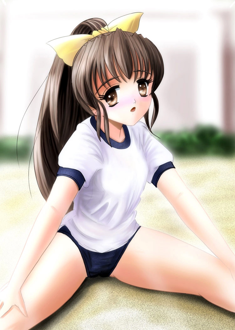 brown eyes, brown hair, buruma, gym uniform, ponytail, sitting, solo, split, stretching