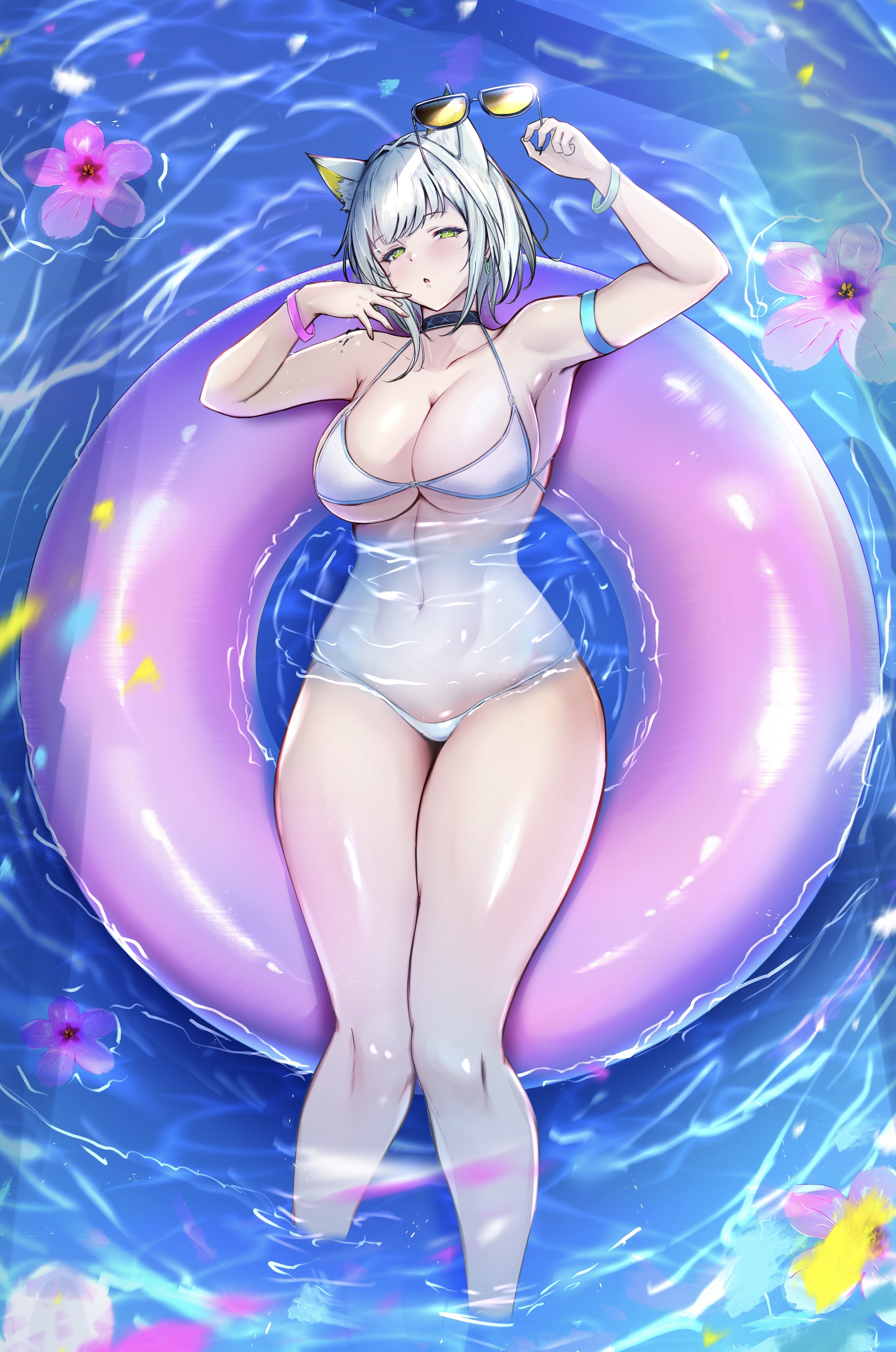 poni (poni arknights), infection monitor (arknights), kal'tsit (arknights), arknights, absurdres, commentary request, highres, 1girl, alternate costume, animal ear fluff, animal ears, arm strap, bikini, blush, breasts, cat ears, cat girl, cleavage, collarbone, donut innertube, feet out of frame, floating flowers, flower, green eyes, grey hair, holding, holding removed eyewear, large breasts, looking at viewer, material growth, navel, ocean, oripathy lesion (arknights), parted lips, sideboob, solo, stomach, sunglasses, swimsuit, underboob, unworn eyewear, wet, white bikini