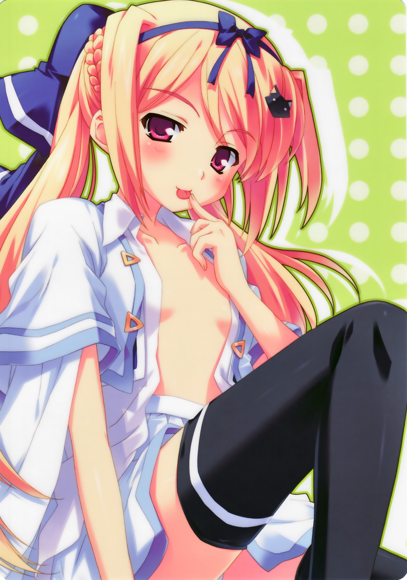 kusukusu, lulli, sakura strasse, highres, non-web source, 1girl, :p, black thighhighs, female focus, hair ornament, hair ribbon, hairpin, loli, no bra, open clothes, open shirt, ribbon, school uniform, serafuku, shirt, solo, thighhighs, tongue, tongue out, zettai ryouiki