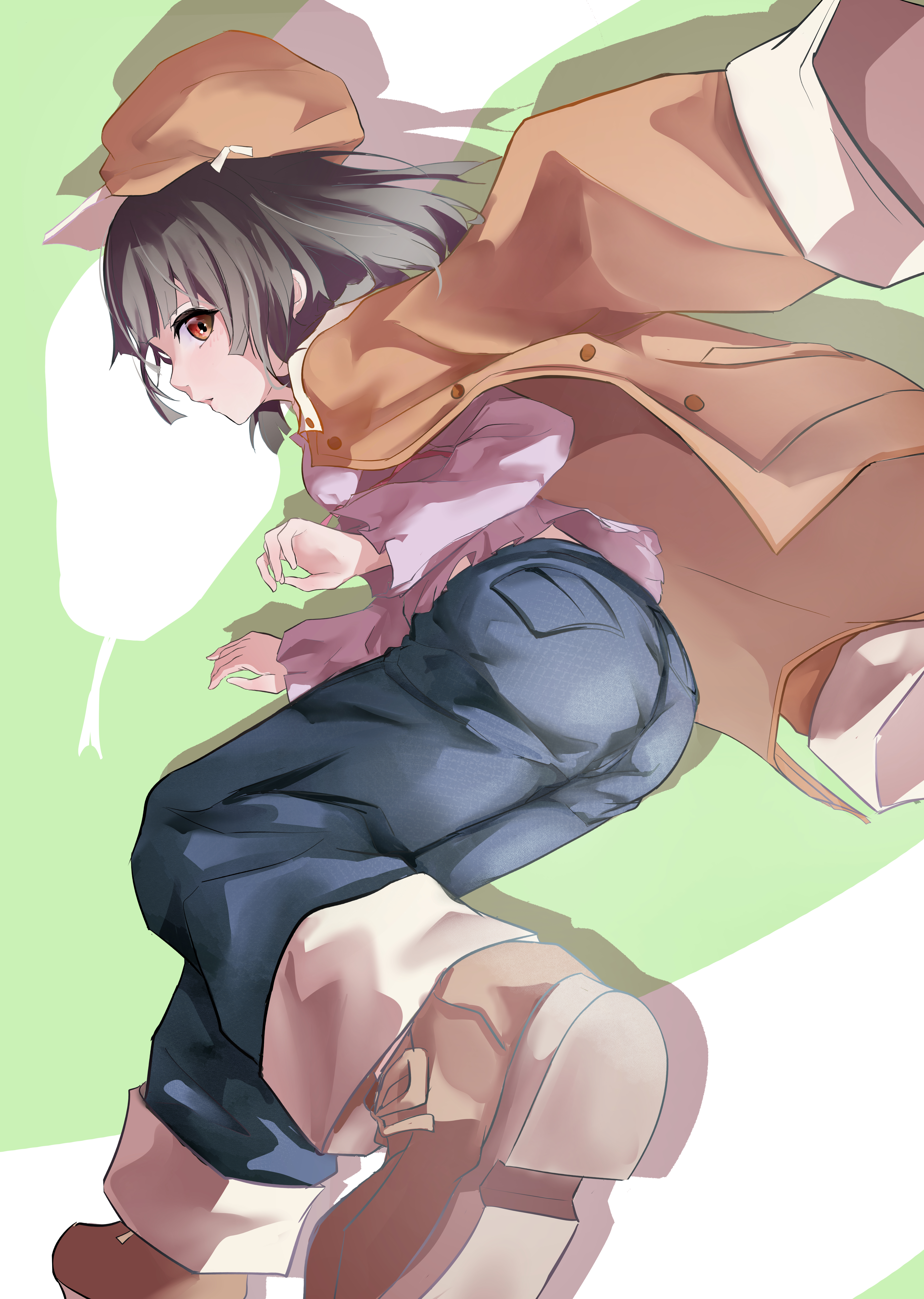 sengoku nadeko, monogatari (series), absurdres, highres, 1girl, ass, black hair, brown eyes, denim, hat, jeans, long sleeves, looking back, pants, shadow, short hair, solo, zasyuu 11