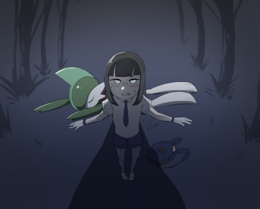 ariumu, gallade, nintendo, pokemon, pokemon sv, 1boy, 1girl, after battle, arm blade, behind another, black hair, blue bag, blue eyes, blue necktie, blue shorts, blunt bangs, bracelet, clenched teeth, colored skin, crying, crying with eyes open, drop shadow, facing another, forest, gen 4 pokemon, green hair, injury, jewelry, long bangs, looking up, lying, multicolored skin, nature, necktie, on grass, on ground, on stomach, outdoors, outstretched arms, pokemon (creature), school uniform, shoes, shorts, simple background, streaming tears, tears, teeth, tree, two-tone skin, uva academy school uniform, weapon, white shoes