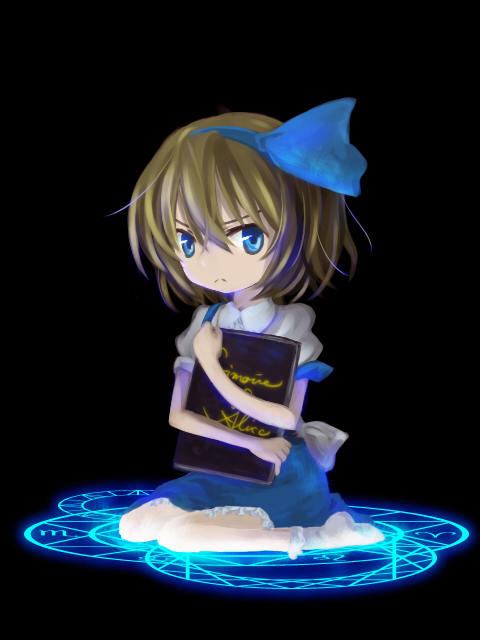 myama, alice margatroid, alice margatroid (pc-98), mystic square, touhou, touhou (pc-98), 1girl, :<, angry, blonde hair, blue eyes, book, female focus, grimoire, grimoire of alice, hairband, solo