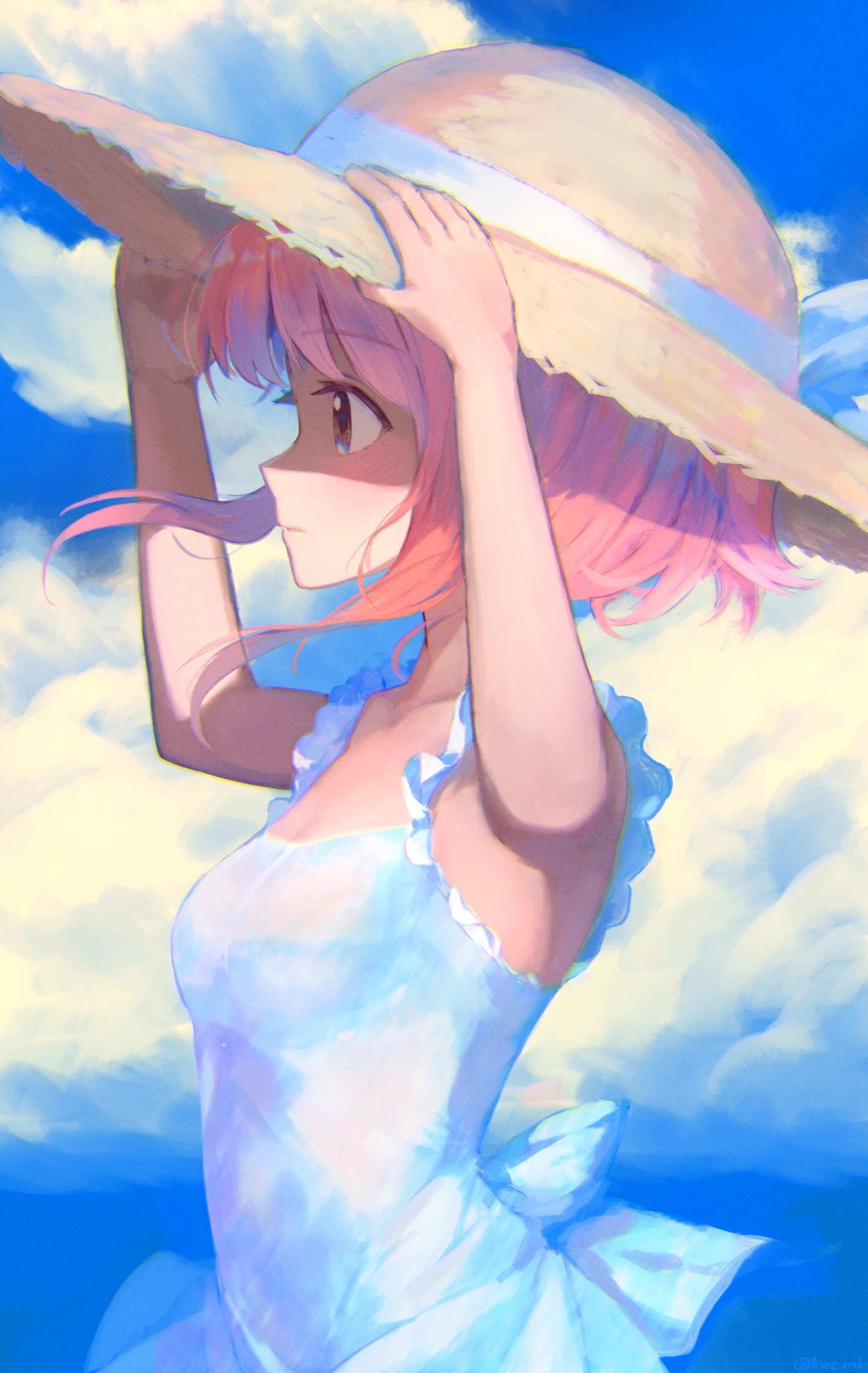 kwz ini, sakura (fire emblem), fire emblem, fire emblem fates, nintendo, commentary, highres, 1girl, brown hat, cloud, cloudy sky, dress, from side, hat, parted lips, pink hair, short hair, sky, sleeveless, sleeveless dress, solo, sun hat, sundress, upper body, white dress