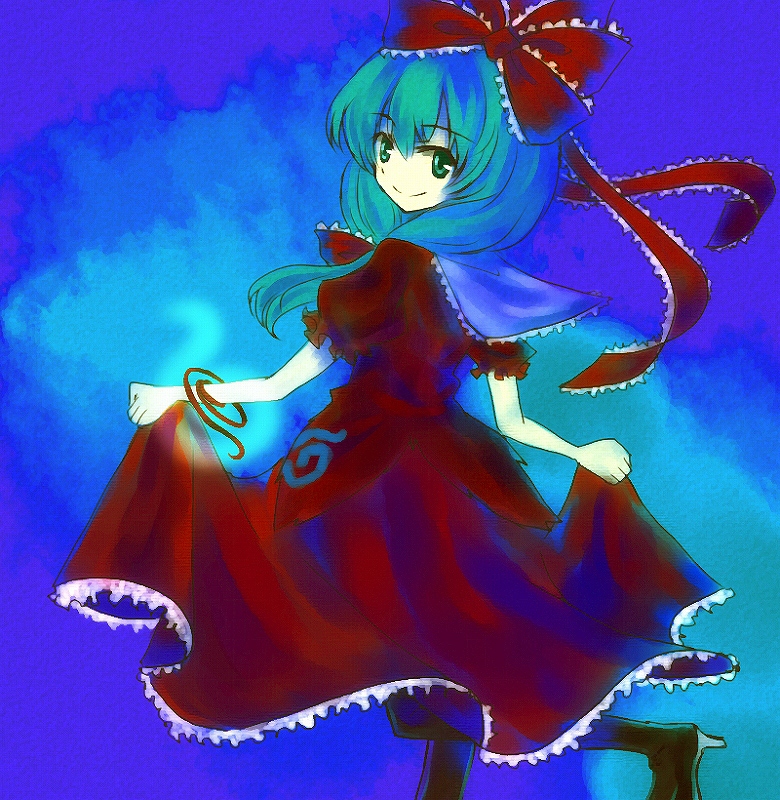 myama, kagiyama hina, touhou, 1girl, aqua eyes, aqua hair, arm ribbon, boots, bow, dress, female focus, front ponytail, green hair, hair ribbon, looking back, red dress, ribbon, skirt hold, smile, solo