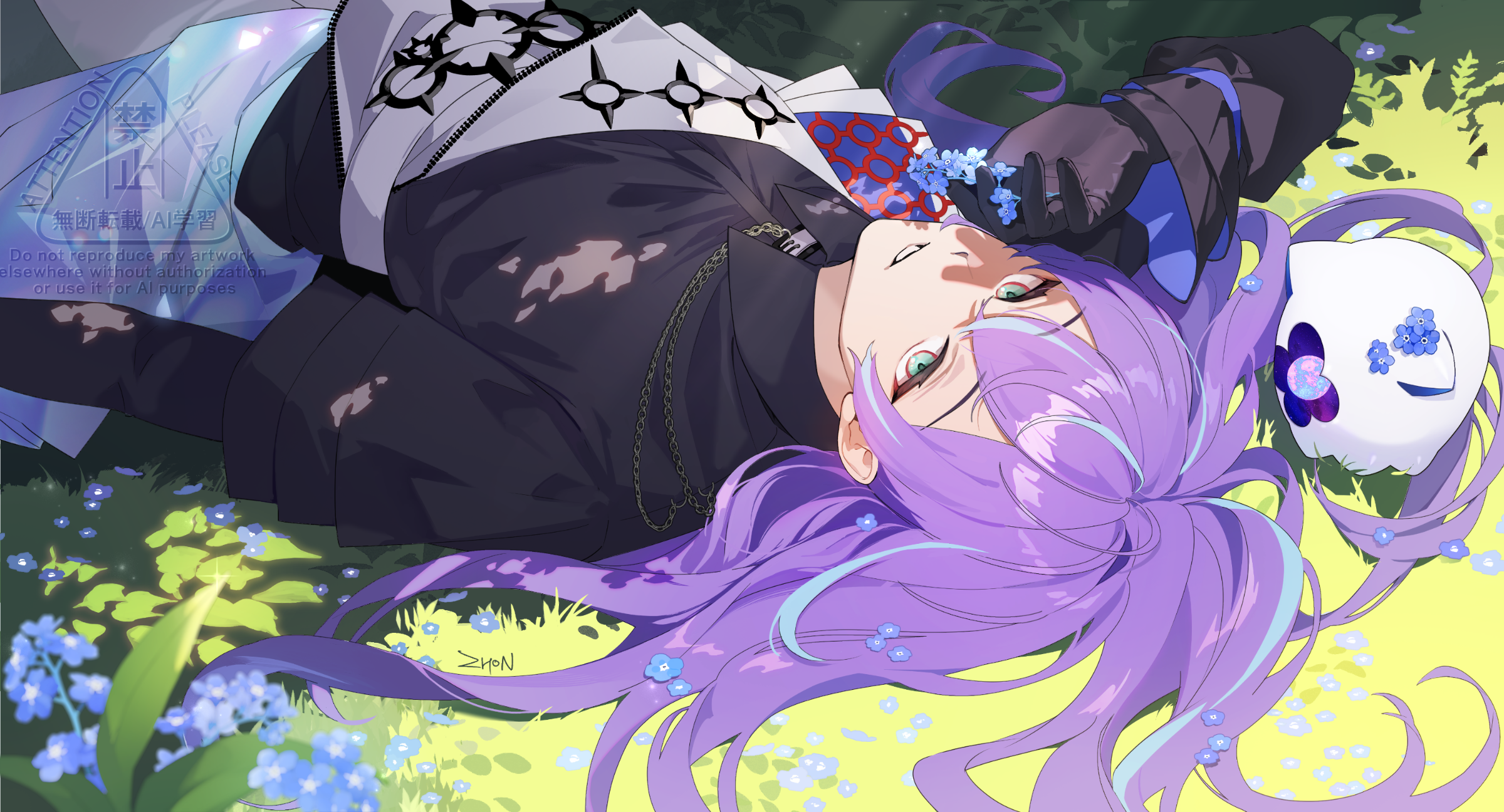 mattosan, hoshirube sho, hoshirube sho (1st costume), otomo (hoshirube sho), nijisanji, highres, 1boy, belt, black gloves, black shirt, blue eyes, blue flower, flower, gloves, grass, hair spread out, long hair, looking at viewer, lying, male focus, multicolored hair, on back, on grass, purple hair, shadow, shirt, smile, solo, streaked hair, virtual youtuber, watermark, white belt