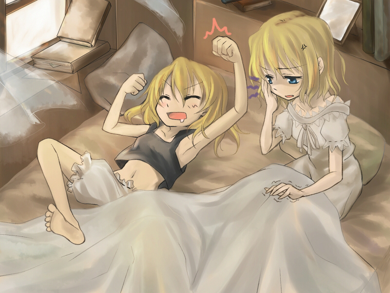 myama, alice margatroid, kirisame marisa, touhou, 2girls, angry, armpits, barefoot, bed, blonde hair, bloomers, blue eyes, book, closed eyes, feet, female focus, lying, multiple girls, on back, pillow, sleeping, trembling, underwear, white bloomers