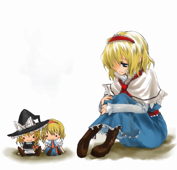 myama, alice margatroid, kirisame marisa, touhou, 1girl, blonde hair, blue eyes, capelet, character doll, doll, female focus, hair over one eye, hairband, hat, headband, holding hands, hugging own legs, lonely, sad, sitting, solo, witch, witch hat