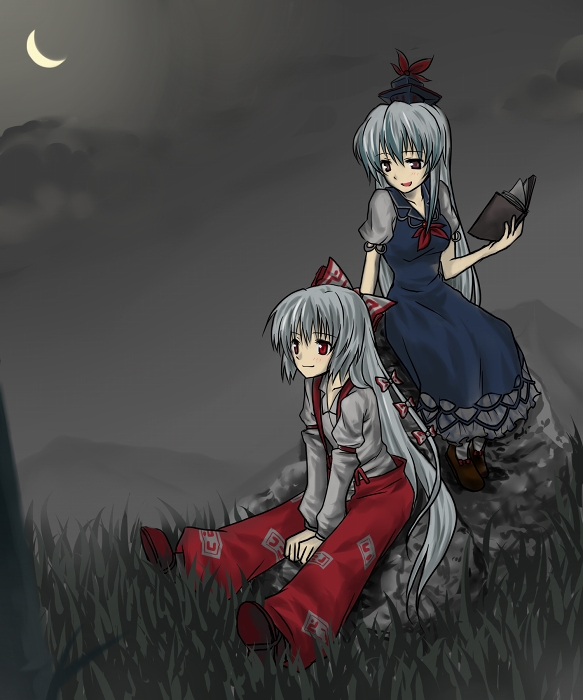 myama, fujiwara no mokou, kamishirasawa keine, touhou, silver hair, 2girls, cloud, female focus, moon, multiple girls, night, outdoors, plant, sitting, sky