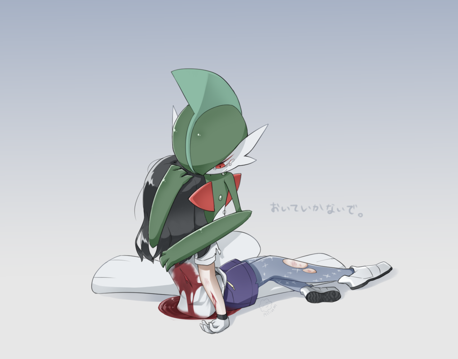 ariumu, gallade, nintendo, pokemon, pokemon sv, translated, 1boy, 1girl, arm blade, black hair, bleeding, blood, blood on clothes, blood on ground, blood on hands, blue leggings, blue shorts, colored skin, crying, crying with eyes open, death, defeat, dress shirt, facing another, gen 4 pokemon, gloves, green hair, grey background, hand on another's back, hand on another's head, hug, injury, kneeling, leggings, looking at another, medium hair, mohawk, multicolored skin, on ground, pokemon (creature), red eyes, school uniform, shirt, shoes, shorts, streaming tears, teardrop, tears, torn clothes, torn leggings, torn shirt, torn shorts, two-tone skin, uva academy school uniform, weapon, white gloves, white shirt, white shoes