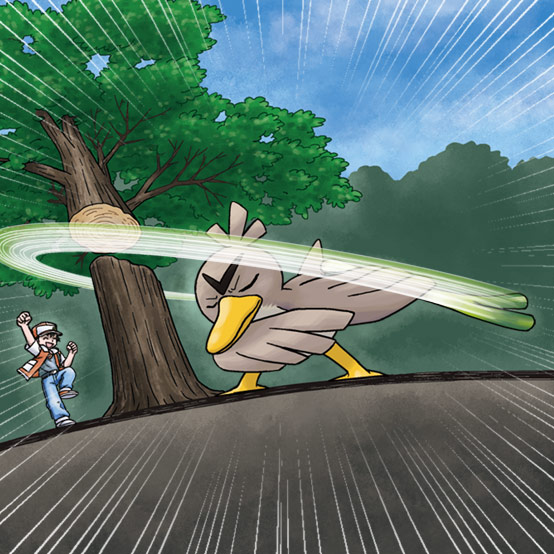 natsunagi takaki, farfetch'd, red (pokemon), nintendo, pokemon, pokemon rgby, artist request, check artist, commentary request, official art, second-party source, 1boy, :d, baseball cap, bird, black hair, blue pants, blue sky, chopping, clenched hand, closed eyes, cloud, cloudy sky, cut (pokemon), day, denim, emphasis lines, food, gen 1 pokemon, happy, hat, holding, holding food, holding spring onion, holding vegetable, jeans, motion blur, open mouth, outdoors, pants, pokemon (creature), pokemon move, shirt, shoes, short sleeves, sky, smile, spring onion, tree, vegetable