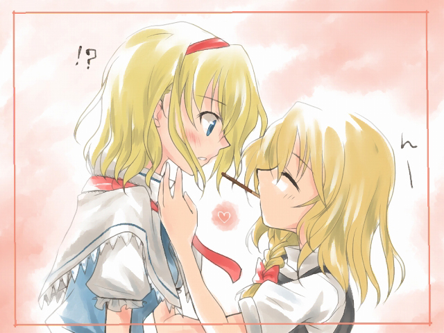 myama, alice margatroid, kirisame marisa, touhou, !?, 2girls, blonde hair, blue eyes, blush, braid, capelet, closed eyes, dress, female focus, food, hair ribbon, hairband, heart, hug, mouth hold, multiple girls, no headwear, pocky, pocky kiss, profile, ribbon, shared food, short hair, shy, single braid, surprised, upper body, yuri