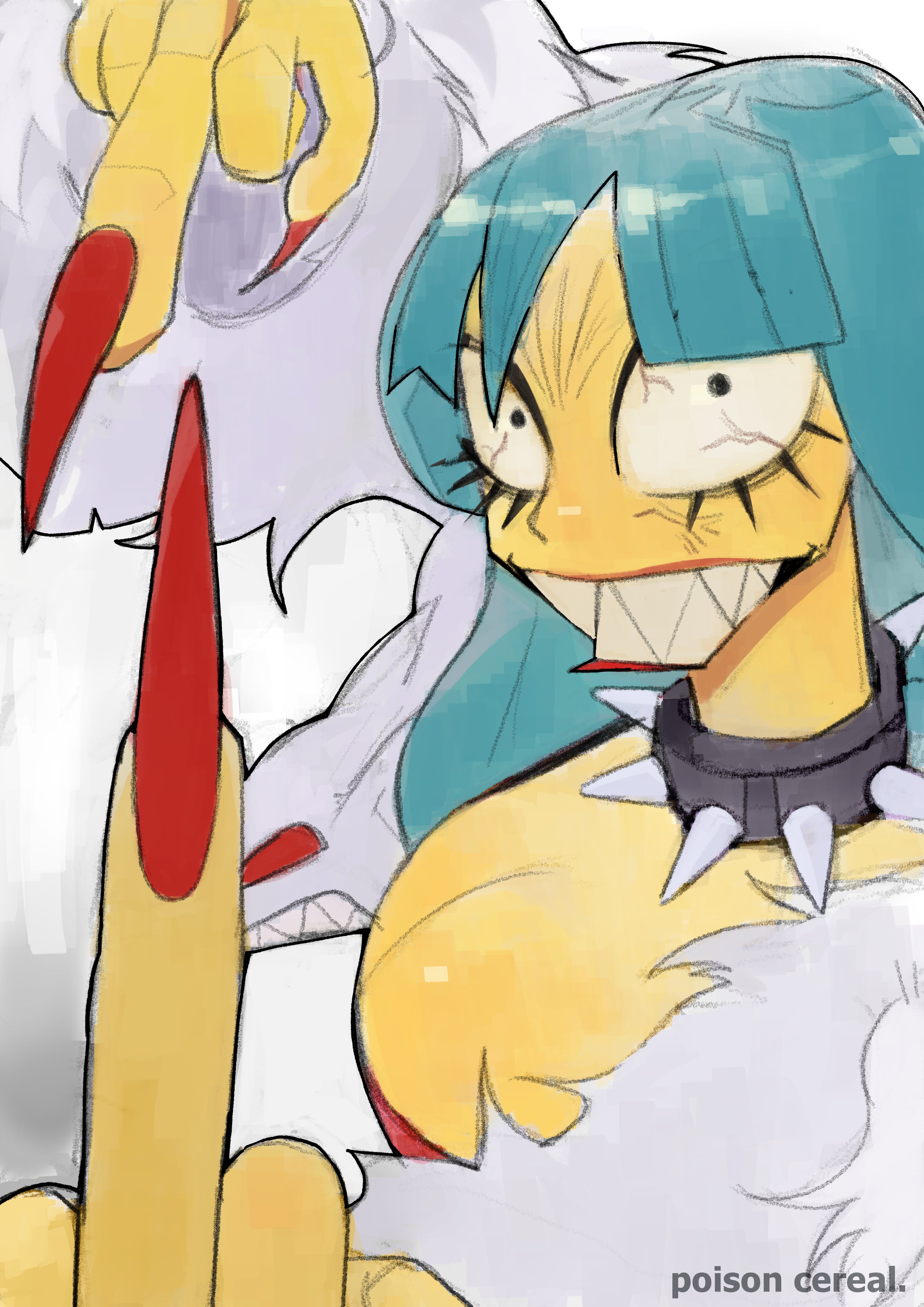 punch punch forever!, absurdres, highres, 1girl, anger vein, angry, aqua hair, artist name, black choker, breasts, choker, cleavage, coat, colored skin, double middle finger, dress, fingernails, fur coat, large breasts, long hair, looking at viewer, middle finger, mika (punch punch forever!), poisoncereal, sharp fingernails, sharp teeth, simple background, solo, spiked choker, spikes, teeth, veil over one eye, veins, white background, white coat, yellow skin