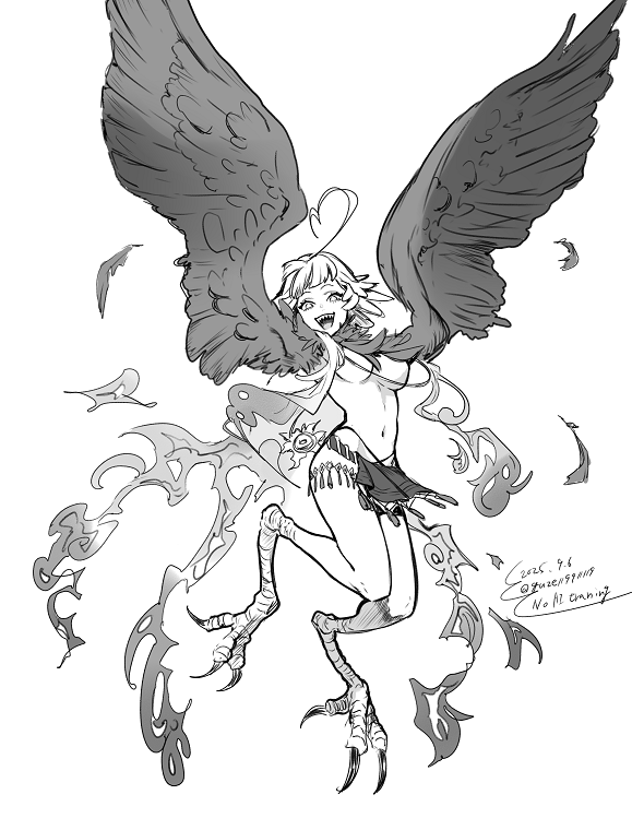 kisaragi kokoro (hazuki), louhi (fate), louhi (third ascension) (fate), fate/grand order, fate (series), 1girl, ahoge, bird legs, breasts, dated, feathered wings, feathers, greyscale, harpy, heart, heart ahoge, huge ahoge, jewelry, large breasts, loincloth, long hair, looking at viewer, monochrome, monster girl, navel, necklace, open mouth, sharp teeth, simple background, solo, talons, teeth, twitter username, underboob, winged arms, wings