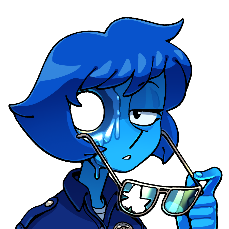 discount-supervillain, lapis lazuli (steven universe), t-1000, steven universe, terminator (series), 1girl, alternate costume, blue hair, blue skin, body horror, colored skin, cosplay, holding, hole in head, lapis lazuli (species) (steven universe), melting, police, short hair, simple background, solo, sunglasses, t-1000 (cosplay)