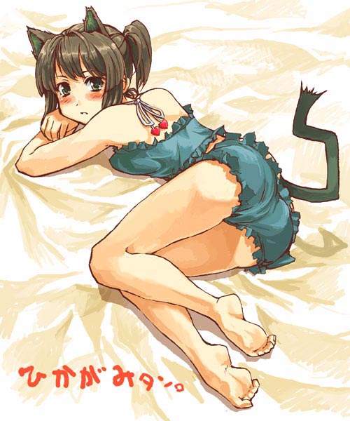amagai tarou, original, 1girl, animal ears, bare legs, bare shoulders, barefoot, blush, brown hair, cat ears, cat tail, feet, female focus, legs, looking back, lying, on side, ponytail, solo, tail, thighs, underwear, underwear only