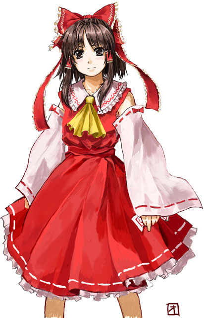 amagai tarou, hakurei reimu, touhou, 1girl, ascot, black hair, bow, brown hair, detached sleeves, female focus, hair bow, hair ribbon, hair tubes, japanese clothes, long skirt, miko, ofuda, ribbon, short hair, skirt, solo