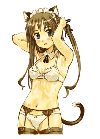 amagai tarou, lowres, 1girl, adjusting hair, animal ears, armpits, blue eyes, blush, bra, brown hair, cat ears, cat tail, female focus, garter belt, lingerie, maid, panties, solo, tail, thighhighs, twintails, underwear, underwear only
