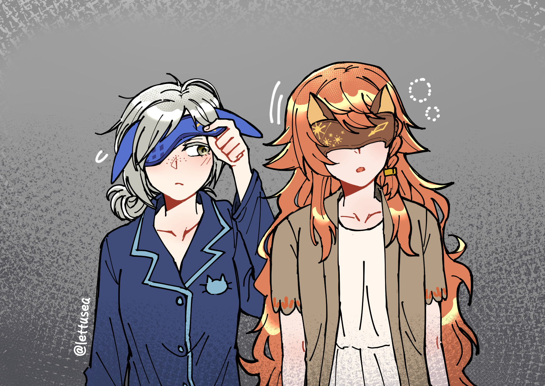 sonetto (reverse:1999), vertin (reverse:1999), reverse:1999, highres, 2girls, alternate costume, blue mask, blue pajamas, facing viewer, freckles, grey background, grey eyes, grey hair, hair bun, hand up, lettuce (lettusea), long sleeves, looking to the side, mask pull, multiple girls, one eye covered, open mouth, orange hair, pajamas, short hair, short sleeves, side-by-side, single side bun, sleep mask, squeans, upper body
