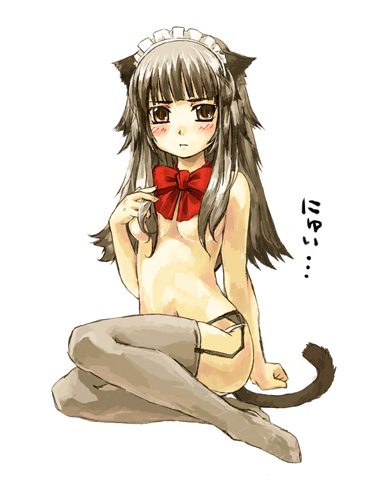 amagai tarou, original, lowres, 1girl, animal ears, blush, bow, bowtie, brown hair, cat ears, cat tail, feet, female focus, garter belt, legs, maid, ribbon, solo, tail, thighhighs, topless female
